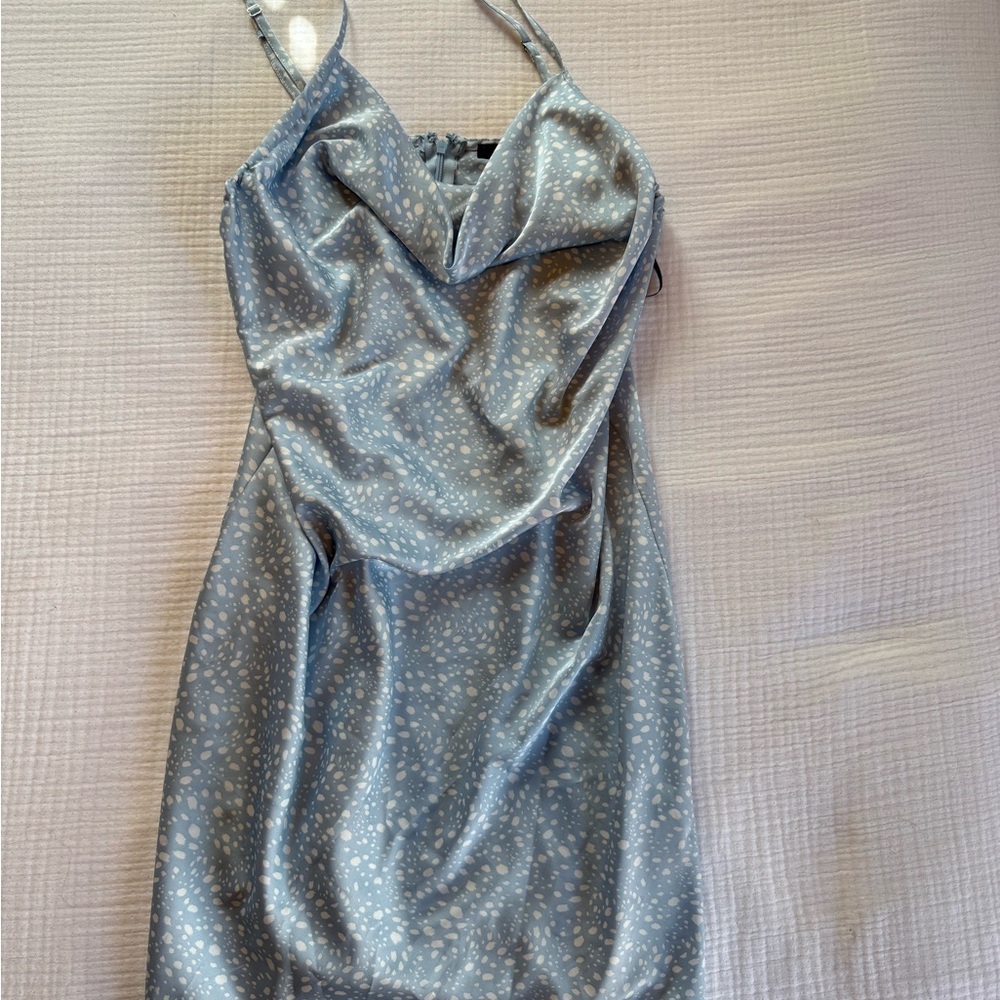 Forever 21 Light Blue Satin Cowl Slip Dress with Dot Print